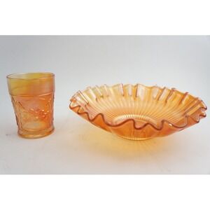 Northwood Glass Carnival Ruffled Glass Bowl & Cattails‎ Tumbler Set Marigold EUC